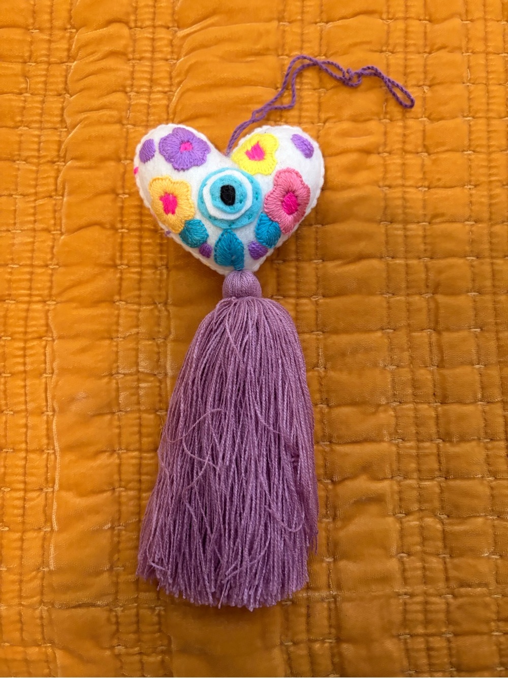 Handcrafted Lavender Tassel Heart Bag Charm - White & Purple